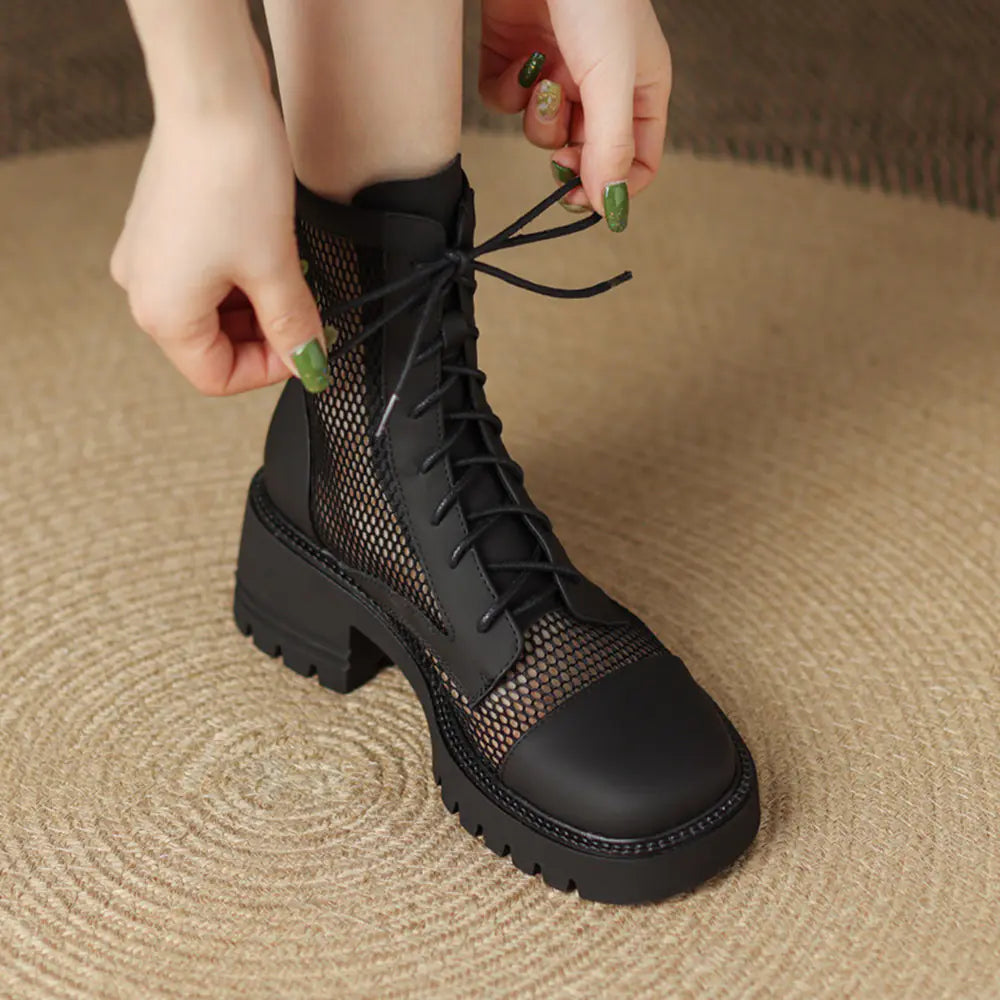 Army green leather Martin sandals showcasing a fashionable chunky heel and comfortable round toe design