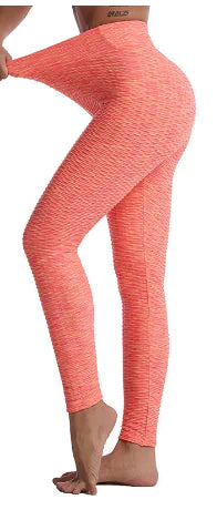 High waist peach-colored hip fitness leggings with breathable fabric and flattering fit for active women