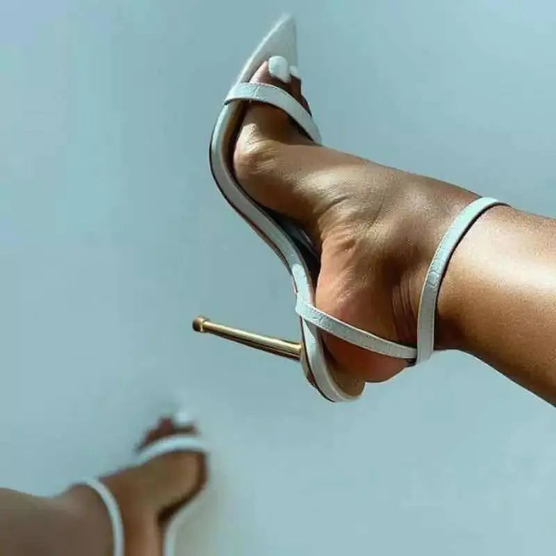 Elegant pointed toe stiletto high heel sandals for women with sleek strap design and chic style