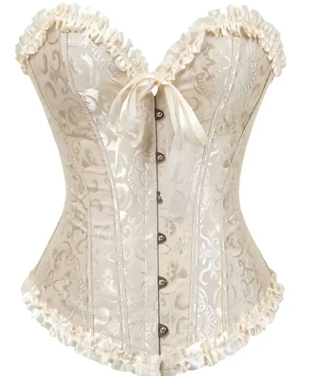 A detailed steampunk corset featuring leather straps, brass buckles, clockwork gears, and Victorian-inspired metal accents for a vintage-industrial fashion statement