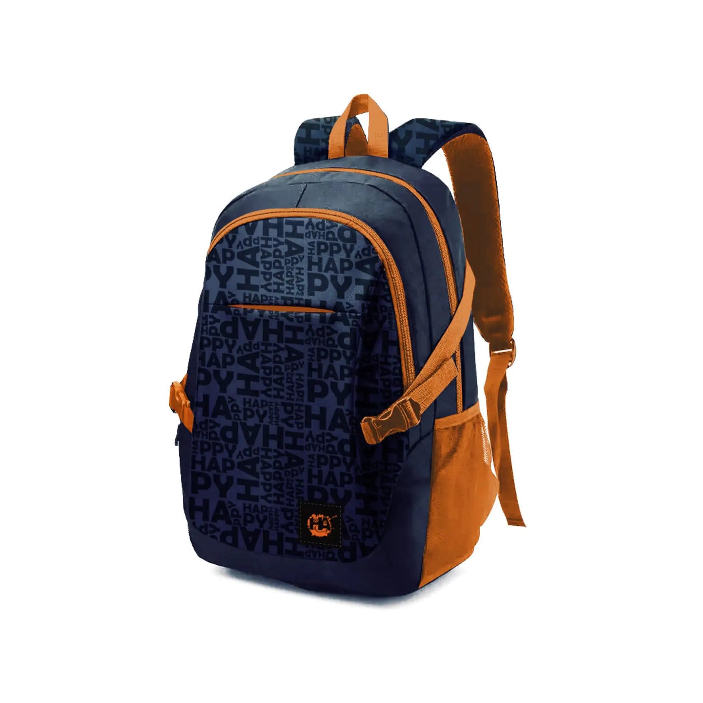 Navy blue Biggdesign Moods Up Happy Laptop Backpack with USB port and water-resistant Oxford and polyester fabric, featuring a spacious compartment for a 15-inch laptop, multiple organizing pockets, padded shoulder straps, and stylish casual design