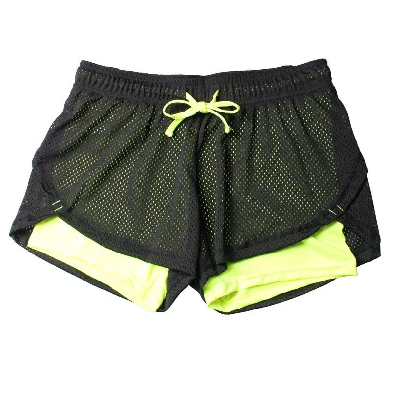 Women's yoga fitness shorts featuring elastic waistband, breathable mesh panels, and flexible running leggings for comfortable active wear