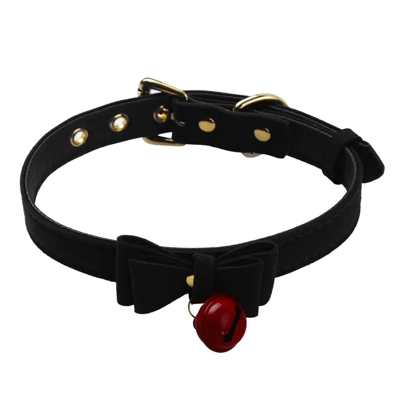 Elegant black choker collar necklace featuring a small, shiny bell for stylish accessories
