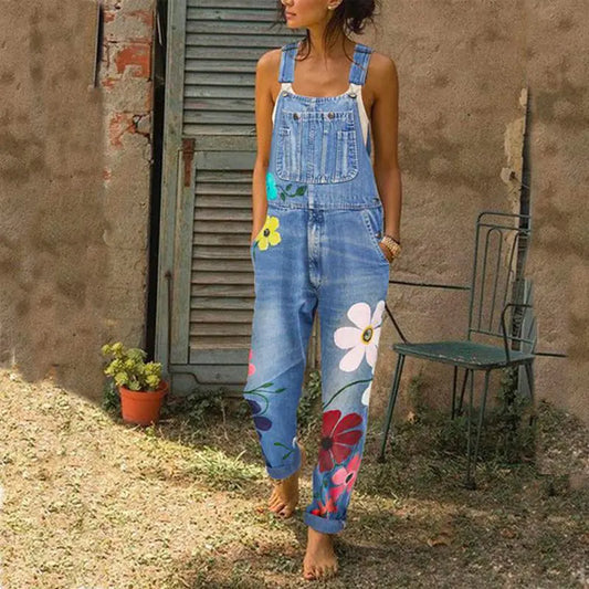 Washed Print Denim Overalls - New Street Style Long Pants