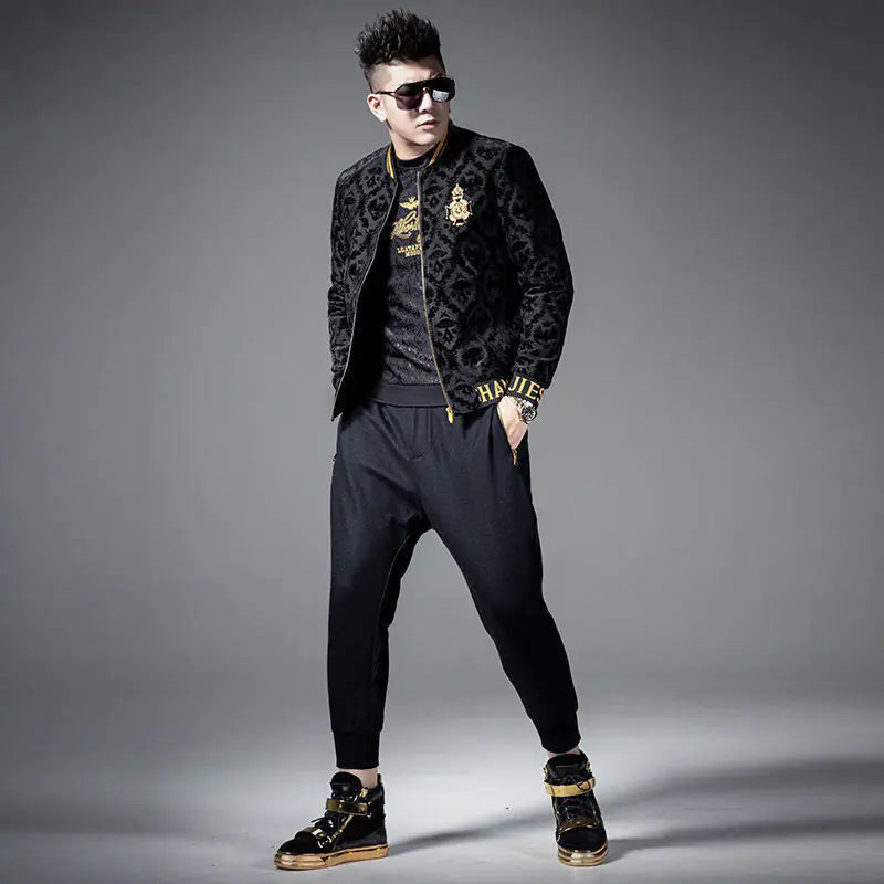 Front view of the men's velvet-lined baseball jacket in classic black color for cold weather