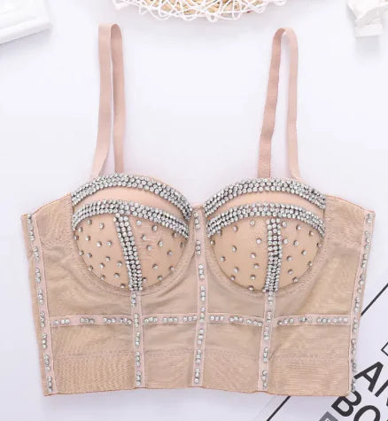 Elegant beaded diamond-shaped corset tube top with intricate detailing and shimmering embellishments for fashionable wear