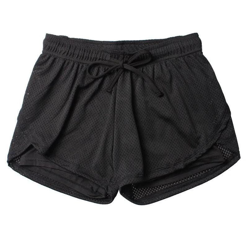 Women's yoga fitness shorts featuring elastic waistbands, breathable mesh panels, and flexible running leggings designed for comfort and performance during active workouts