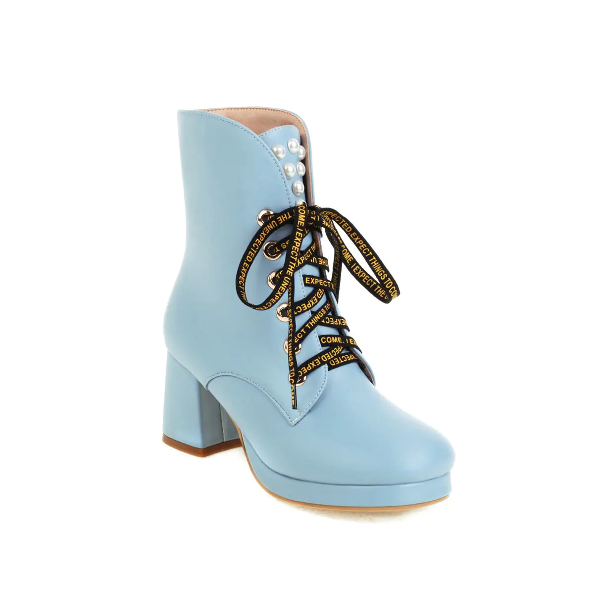 A stylish pair of women's high-heeled thick-soled Martin boots designed for fall and winter, featuring durable leather material, lace-up front, and a rugged sole perfect for cold weather