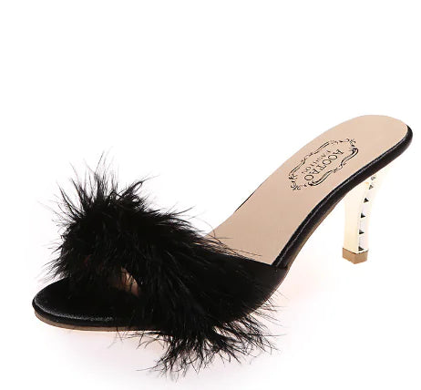 Luxurious furry sandals and slippers with stylish high heels and back design for fashionable comfort