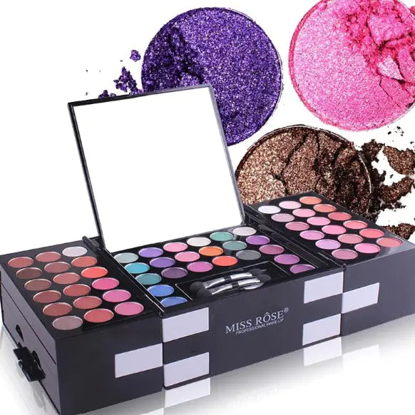 Open makeup kit displaying a diverse range of 144 vibrant colors for eyes, cheeks, and brows