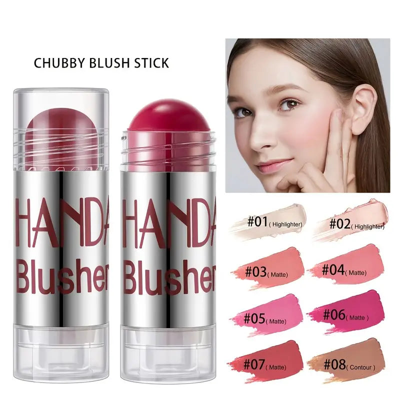 A person showcasing the customizable application of subtle to dramatic blush with the stick