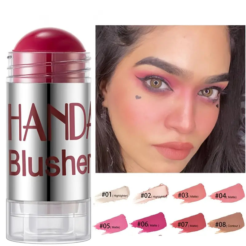 Different shades of Chubby Blush Sticks displayed in a colorful, organized makeup collection