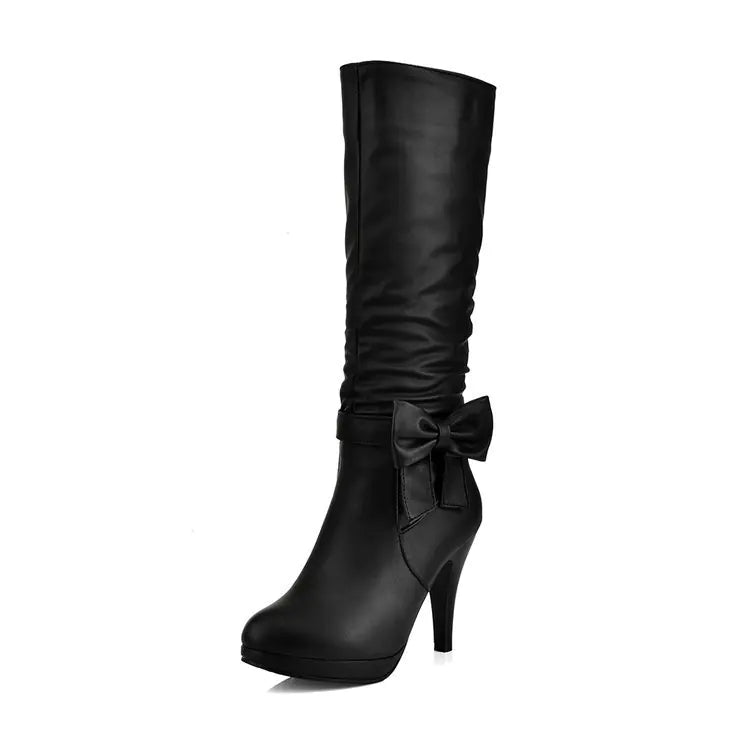 Chic black artificial PU round toe Martin boots with a velvet interior and stylish bow detail