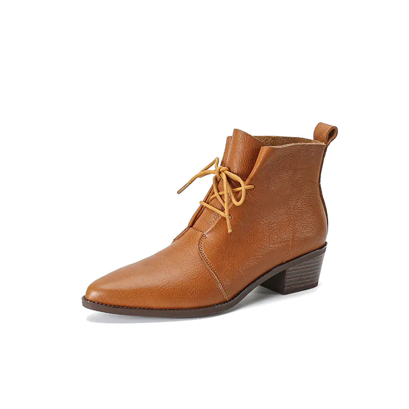 High-quality pointed-toe lace-up chunky heel cowhide Martin boots showcasing stylish design and durable construction
