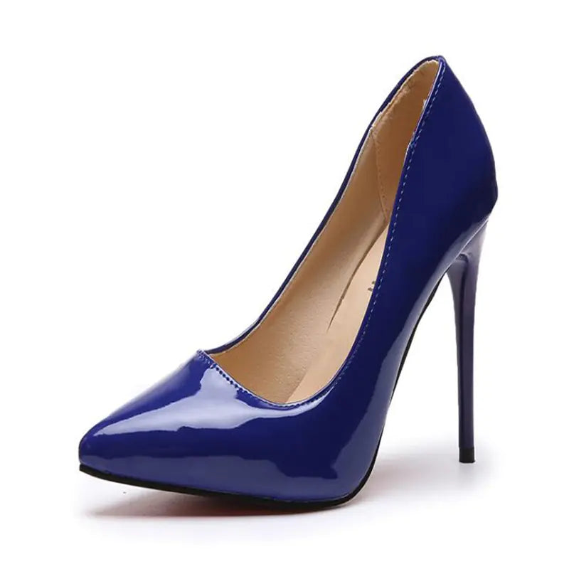 Elegant trendy pointed toe high heels featuring a glossy shiny finish for a chic, stylish look