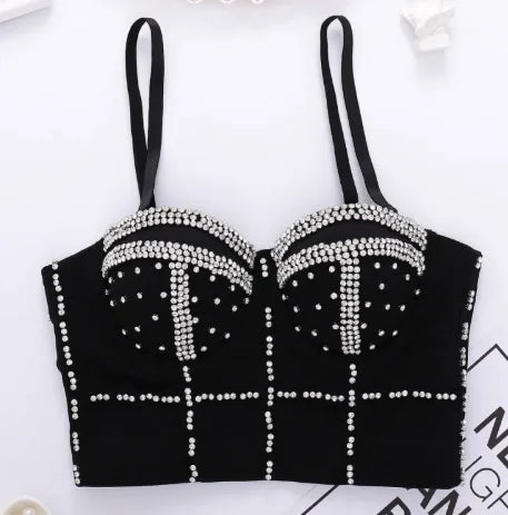 Elegant beaded diamond-shaped corset tube top with intricate detailing and shimmering embellishments