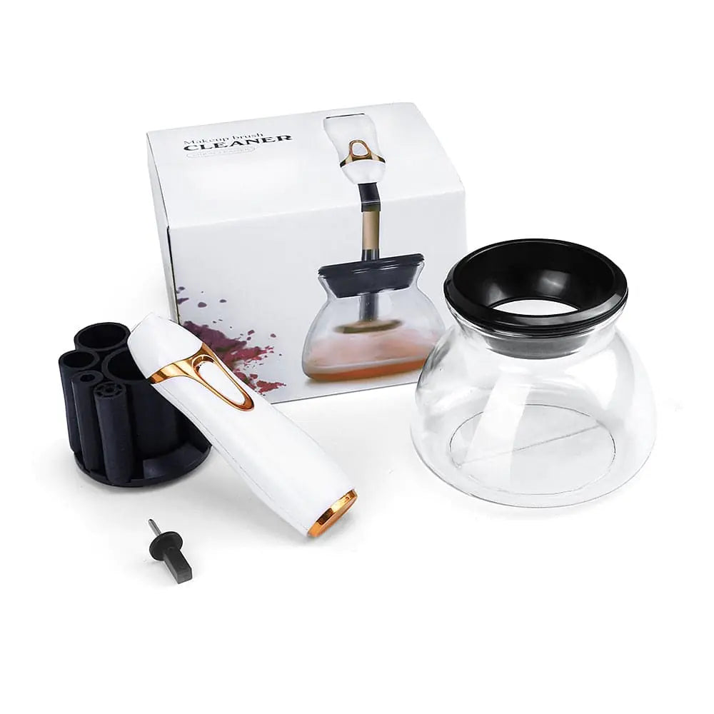 An automatic makeup brush cleaner device gently rotating and cleaning cosmetic brushes efficiently