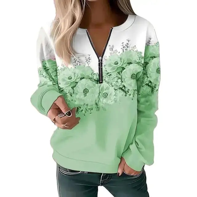 Stylish casual printed women's zipper pullover sweatshirt with comfortable fit and vibrant design