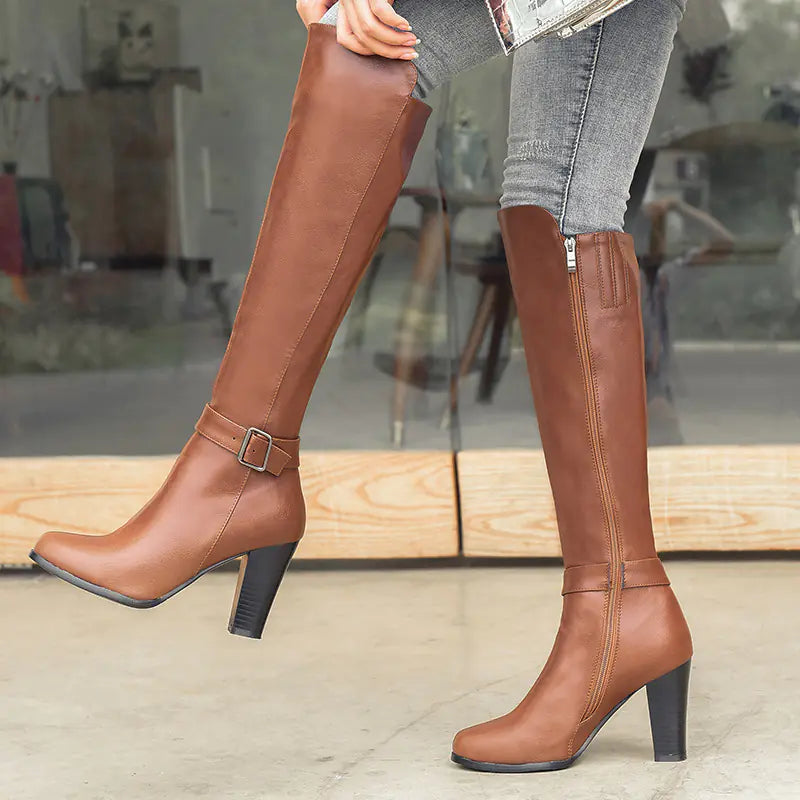 Knee-high chunky heel Martin boots featuring a stylish side zipper for easy wear