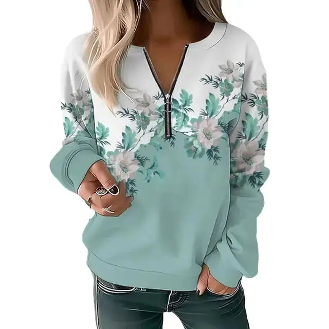 A stylish casual printed women's zipper pullover sweatshirt featuring vibrant patterns and comfortable fit