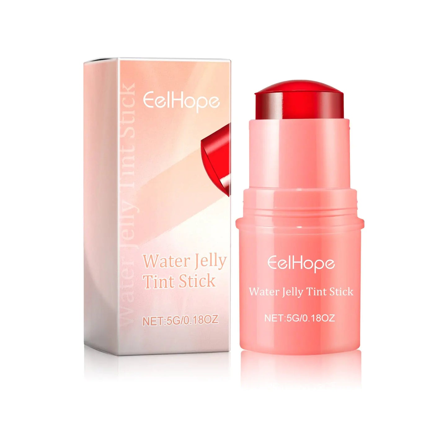 Top view of a compact blush lip gloss stick in coral shade with sleek packaging and size details