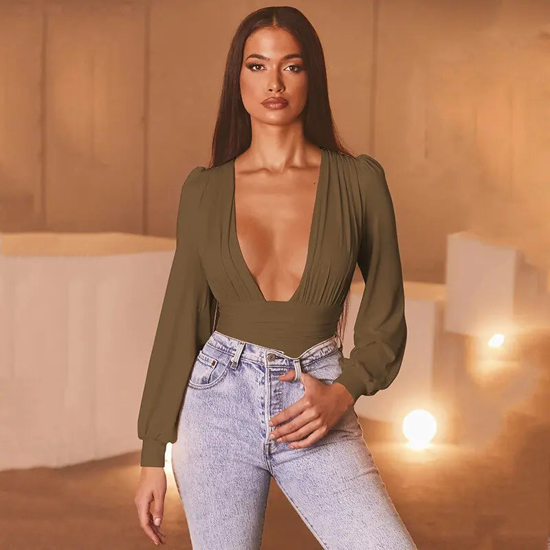 Elegant women's sexy fashion bodysuit featuring a form-fitting design, plunging neckline, and stylish details for a chic, modern look