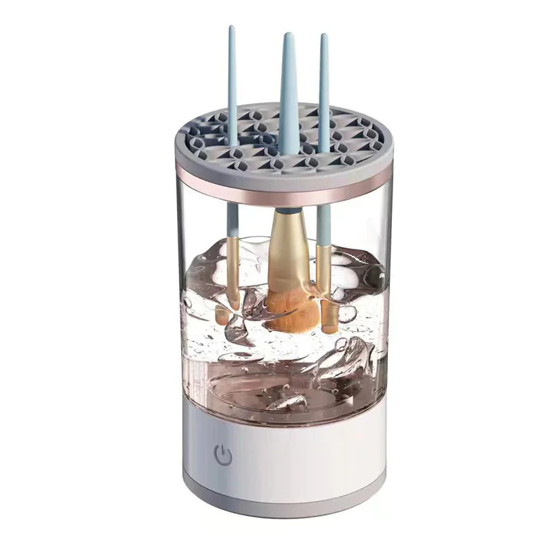 High-speed spinning makeup brush cleaner that washes and dries brushes within seconds