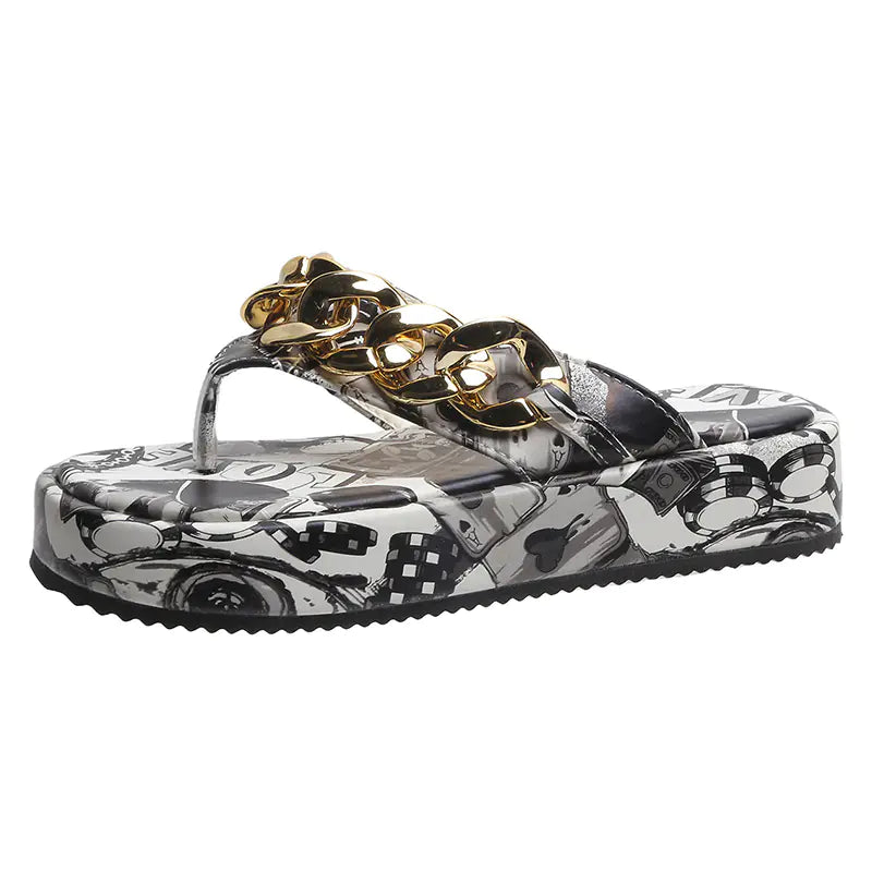 Colorful graffiti-themed platform women's sandals and slippers with trendy, comfortable design and stylish open-toe style