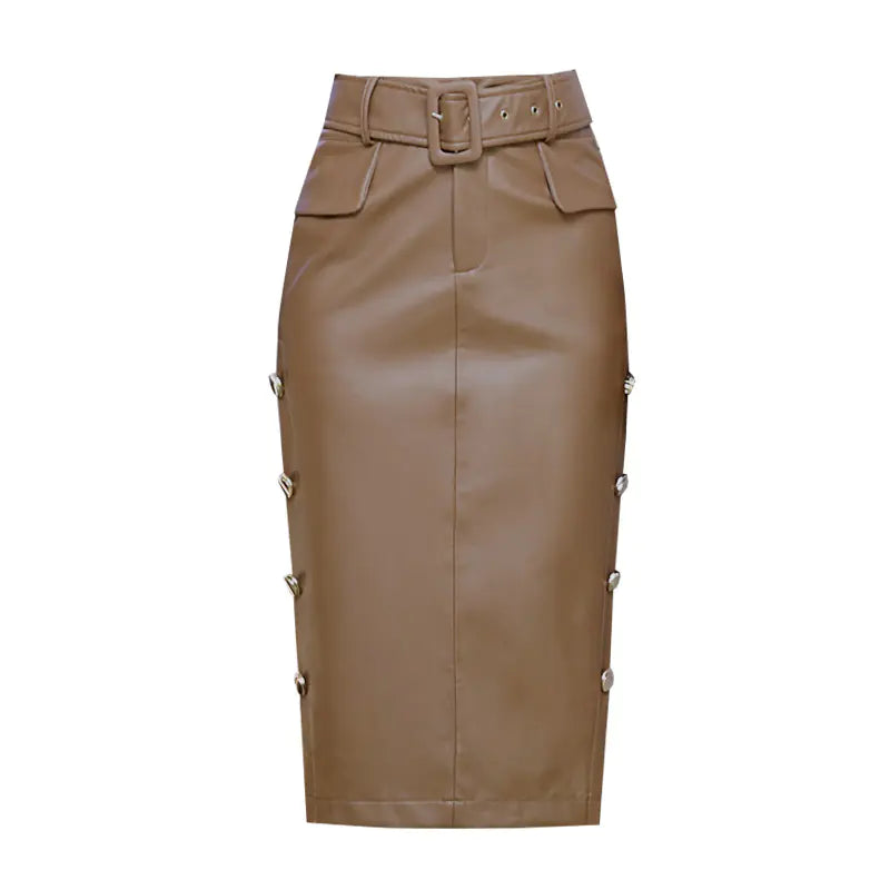 Button Split Skirt, Bodycon Leather Skirt, Pearl Zipper Long Skirt