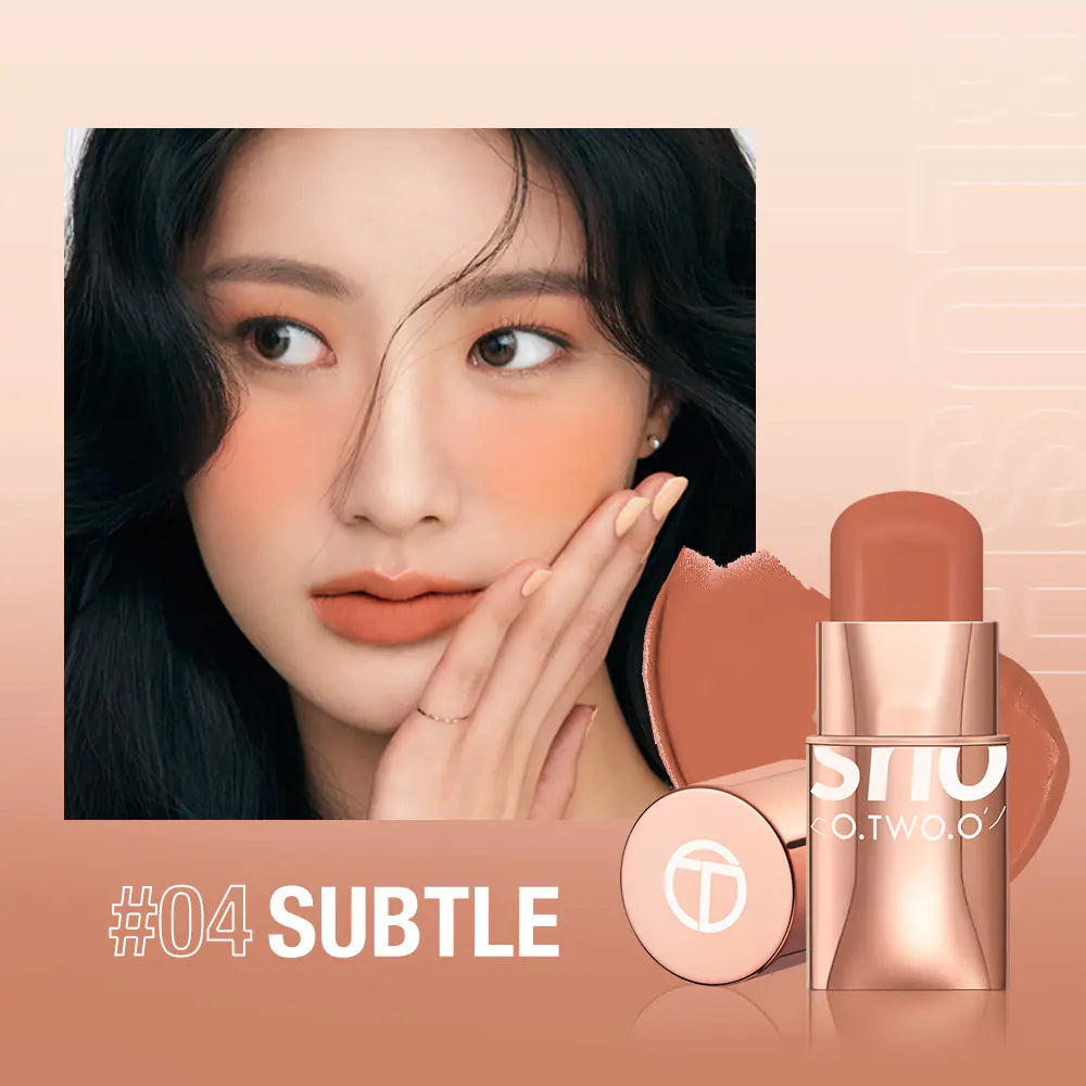 Blush stick targeted on cheekbone highlighting easy, precise application