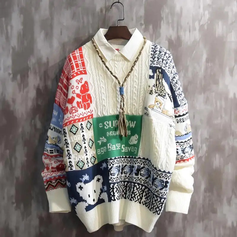 Detailed shot of the sweater's fabric, emphasizing the conventional yarn material for warmth and breathability