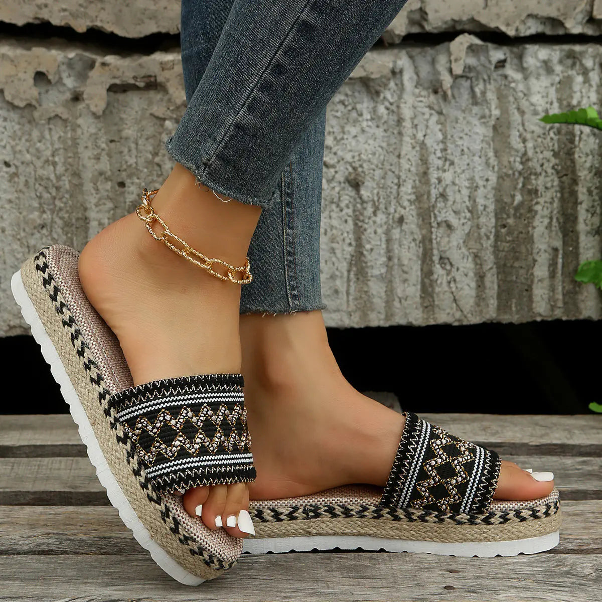 Stylish wedge sandals with durable rubber soles and soft PU inner material in various colors including black, gray, red, and multicolor