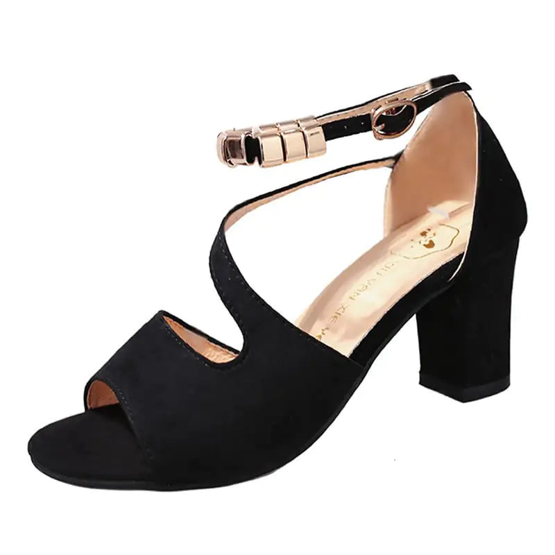 Elegant women's fashion sandals featuring a thick mid-heel, stylish buckle, and comfortable design perfect for summer and casual outings