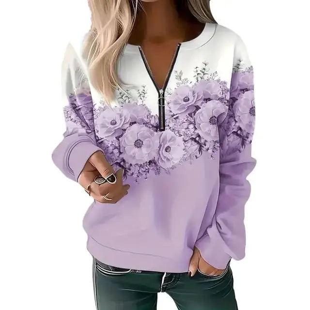 Comfortable casual printed women's zipper pullover sweatshirt with stylish design and cozy fit