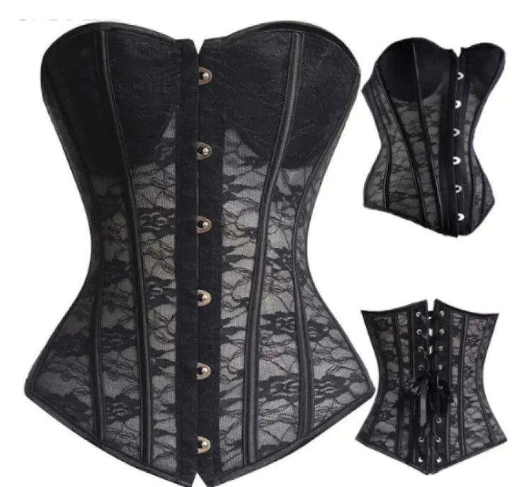 A detailed steampunk corset featuring brass gears, leather accents, and Victorian-inspired design elements