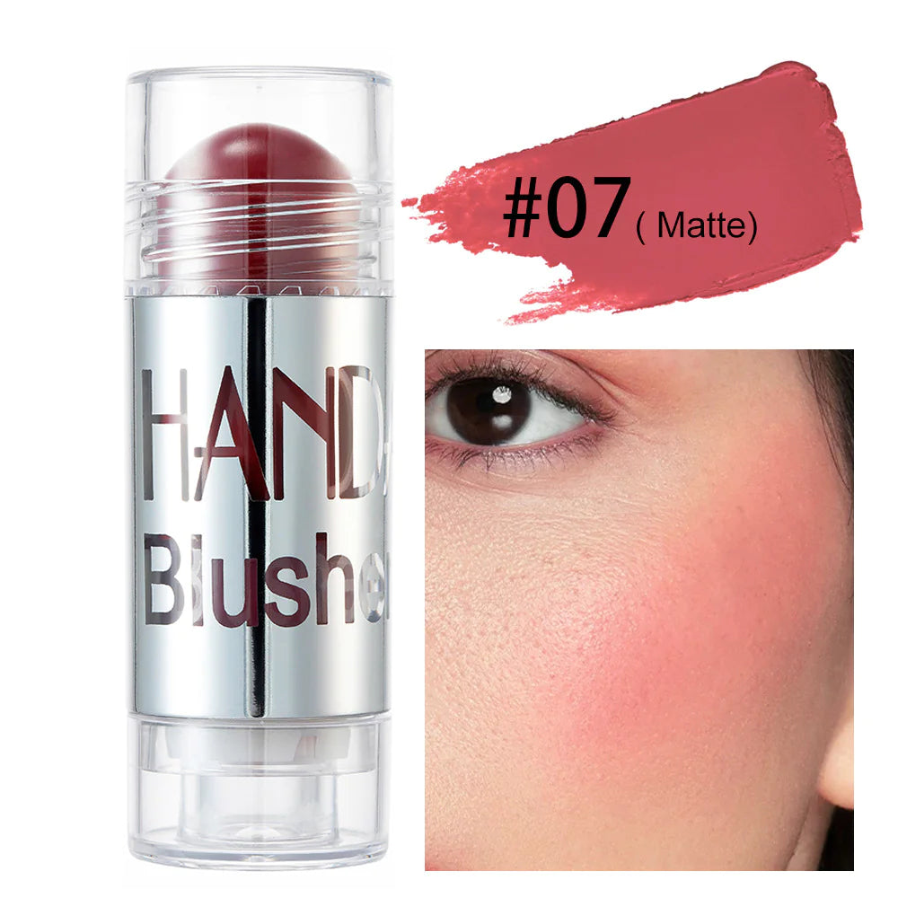 Model with radiant skin applying the lightweight blush stick for all-day wear and natural finish