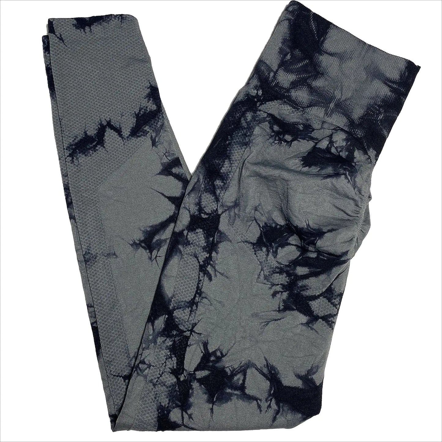 Full-length shot of gray high-waist leggings worn during a running session highlighting their stretch and support