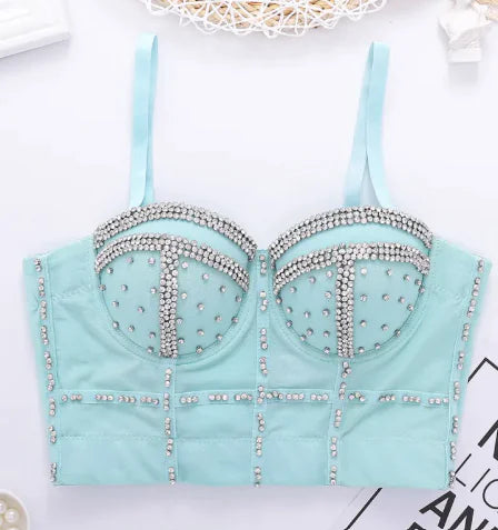 A stylish beaded diamond-shaped corset tube top with intricate beadwork and form-fitting design for trendy fashion