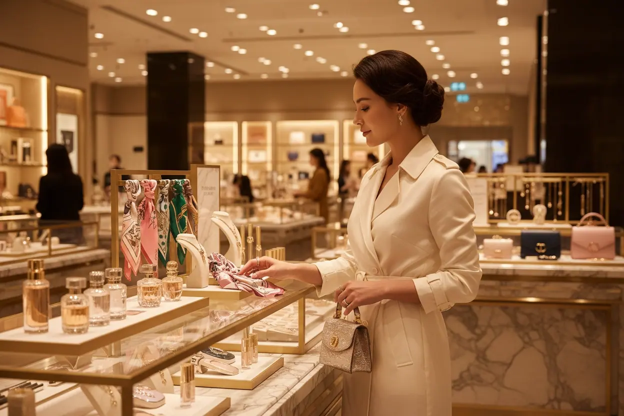 Femme dans un univers shopping et accessoires féminins
