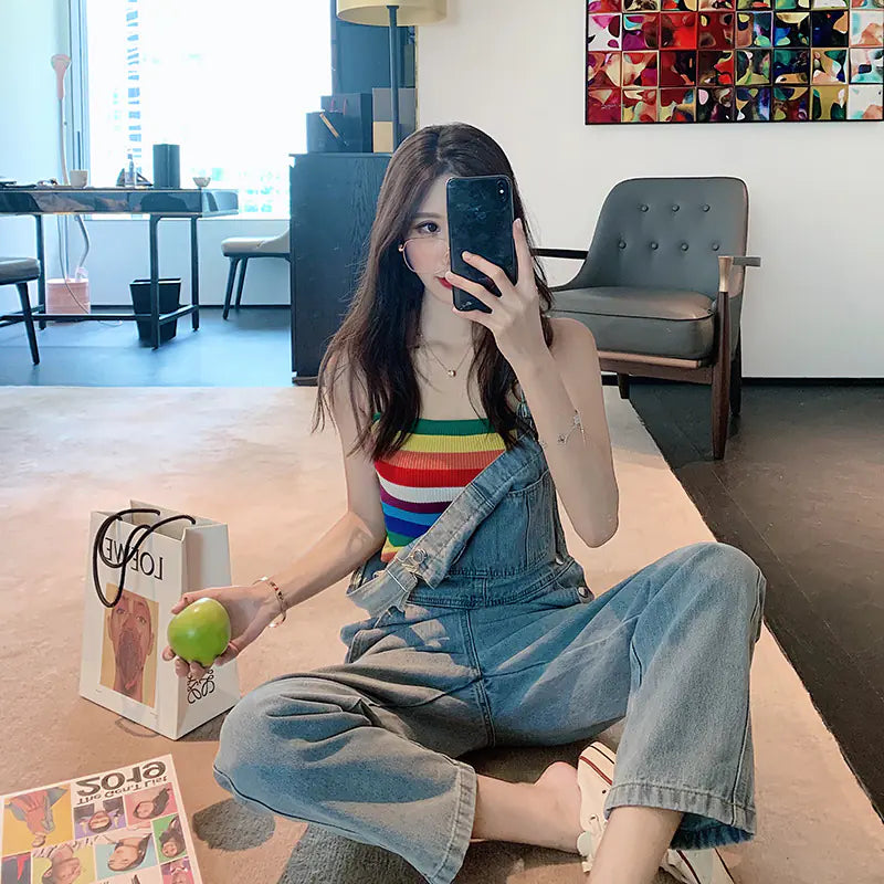 Chic Fall Wide-Leg Denim Overalls & Rainbow Sweater Set