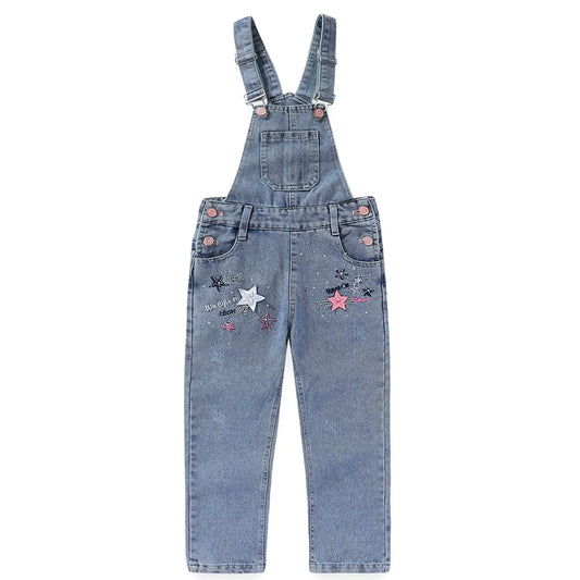 Peacolate 5-10years Little Big Girls Star Embroidery Blue Denim Overalls(6-7Years)