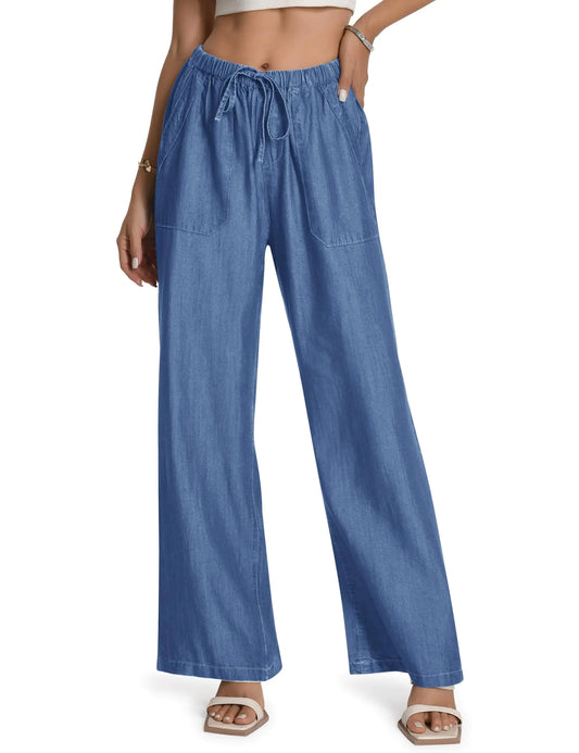 Skirt BL Womens Drawstring Jeans Elastic Waist Pull on Wide Leg Flowy Jeans for Trendy Soft Lightweight Denim Pants Blue