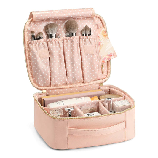 Vlando Leather Travel Makeup Train Case - Makeup Cosmetic Case Organizer Portable Artist Storage Bag with Adjustable Dividers for Cosmetics Makeup Brushes Toiletry Jewelry Digital Accessories Pink