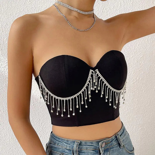 A stylish sleeveless off-shoulder corset top featuring a fitted silhouette and trendy design suitable for fashionable summer outfits