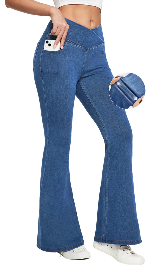 Ewedoos Bell Bottom Jeans for Women Flare Jeans Stretchy High Waisted Pull On Jeans Tummy Control Crossover Flare Pants Light Blue