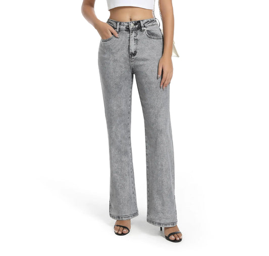 High waisted grey straight leg denim jeans with split hem featuring stretch fabric for a comfortable, flattering fit suitable for various occasions