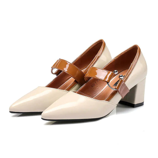 Elegant women's color-block pointed toe high heels with Mary Jane strap detail and stylish design