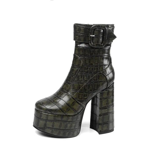 Stylish black chunky heel platform short boots with side zipper and rubber sole