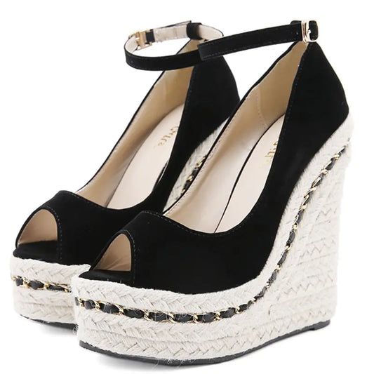 Stylish black wedge suede high-heel sandals with fish mouth cut and waterproof design