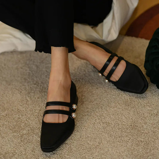 Black Pointed Low-Heel Mary Jane Shoes with Pearls